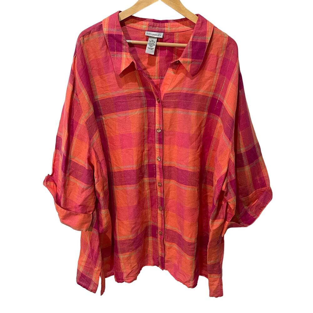 Catherine’s Linen Top Women 5X Pink Orange Metallic Plaid Button Up Lightweight